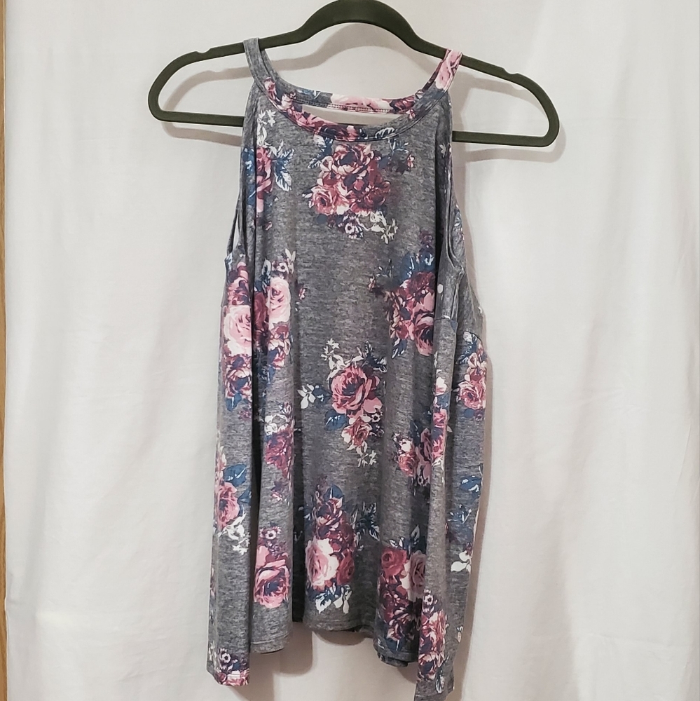 Gray & floral long sleeve cold shoulder top